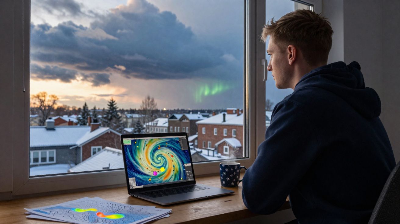 Homem sentado à secretária a olhar pela janela para aurora boreal, com computador e papéis à sua frente.