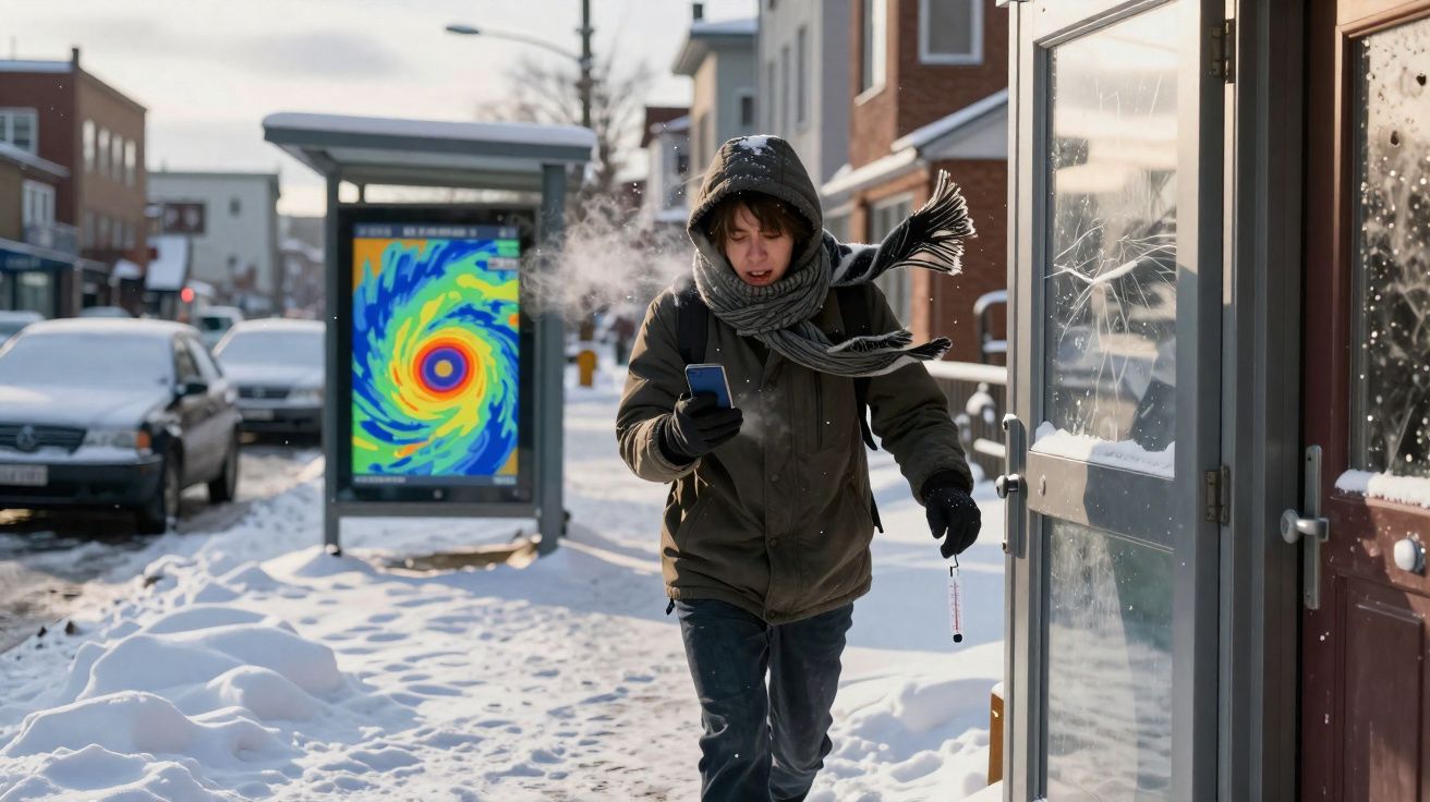 Pessoa com roupa de inverno caminha numa rua nevada, segurando telemóvel e termómetro, com vapor visível ao sair da boca.