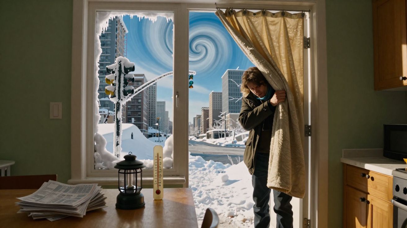 Homem a fechar cortina dentro de casa com neve e edifícios visíveis pela porta aberta e janela congelada.