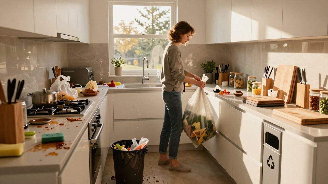 Mulher a limpar cozinha moderna com saco de lixo e resíduos espalhados no chão e balcões.