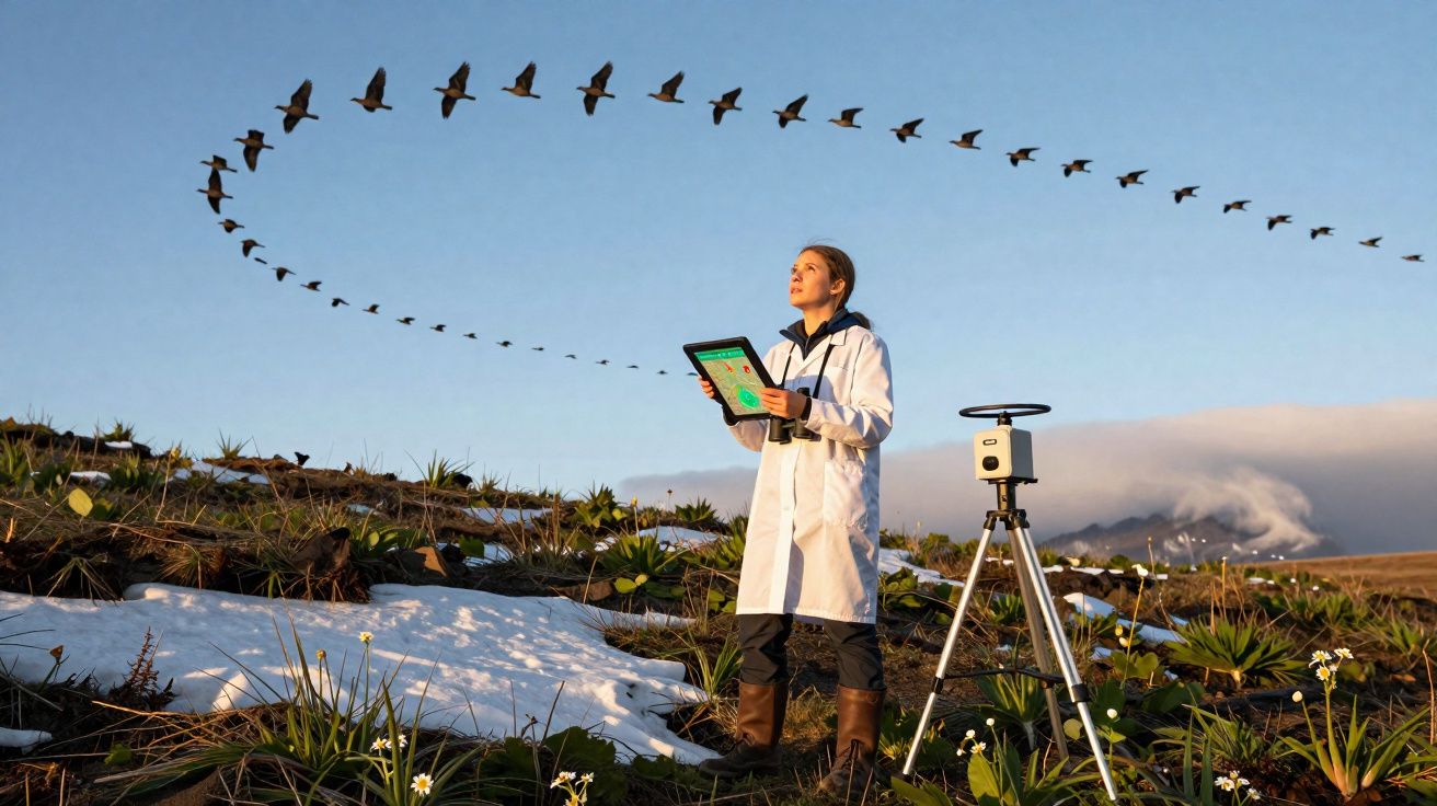 Investigadora de campo observa voo de aves migratórias com tablet e equipamento meteorológico na natureza.