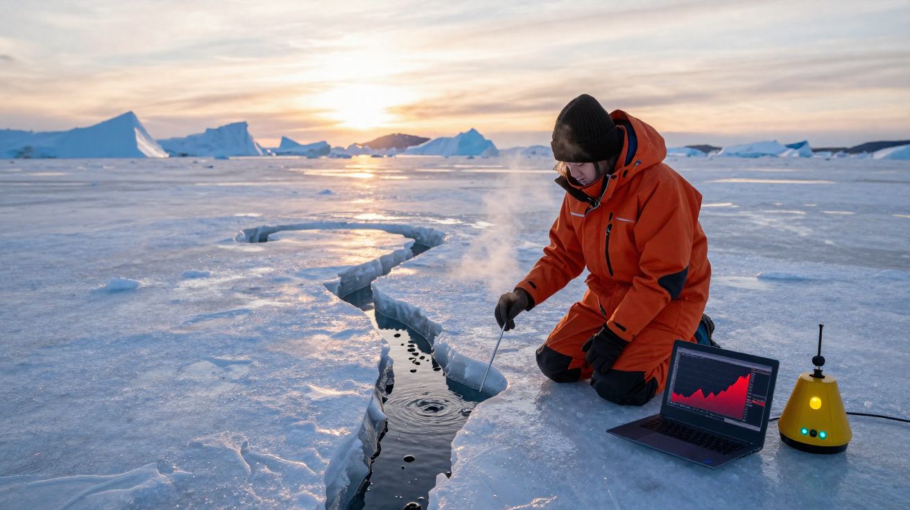 Investigador em roupa de frio recolhe amostra de água junto a fissura no gelo no Ártico ao pôr do sol.