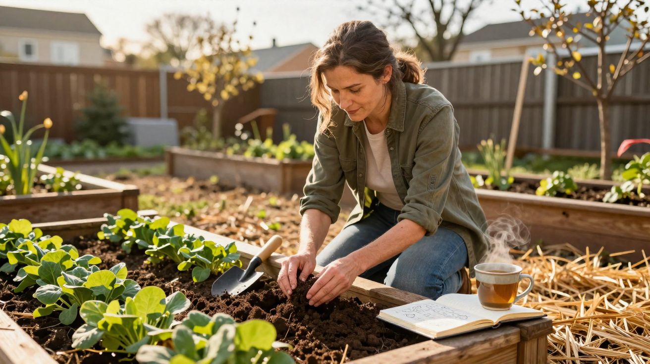 Mulher a plantar em canteiro elevado com chá e caderno ao lado num jardim ensolarado.