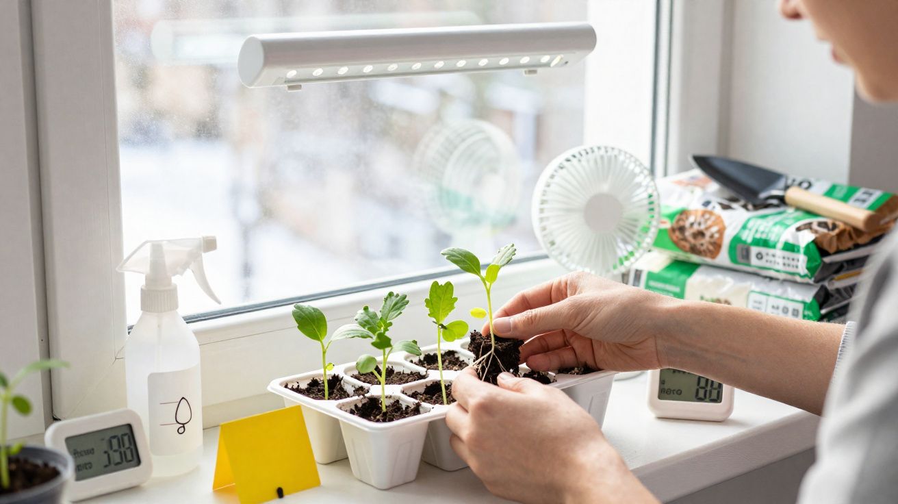 Mãos a cuidar de pequenas plantas em vasos brancos numa janela com luz artificial, mini ventoinha e materiais de jardinagem.