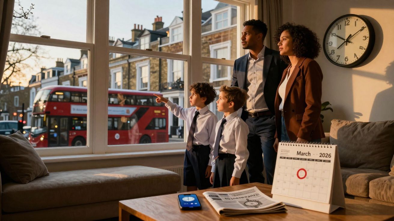 Família com dois adultos e duas crianças observa pela janela de uma sala com autocarro vermelho a passar na rua.