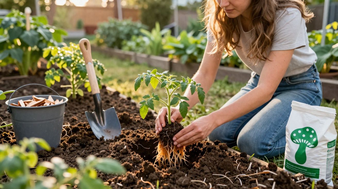Mulher a plantar uma muda de tomateiro num jardim, com enxada, balde e fertilizante ao lado.