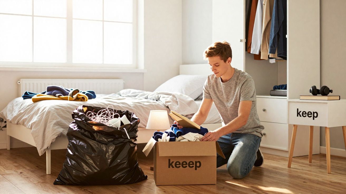 Jovem organiza roupas e objetos em caixas e saco plástico num quarto com luz natural e cama desarrumada.