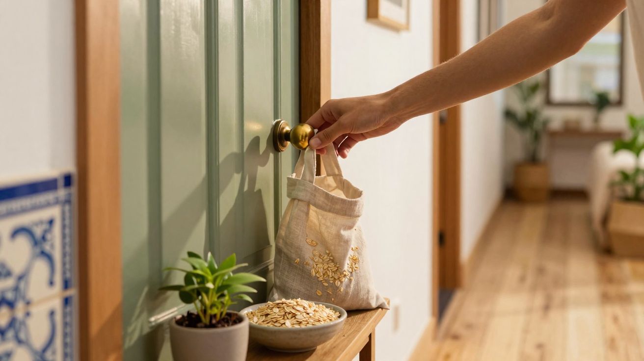 Mão a abrir porta verde com saco de pano pendurado, mesa com planta e tigela com flocos à frente.