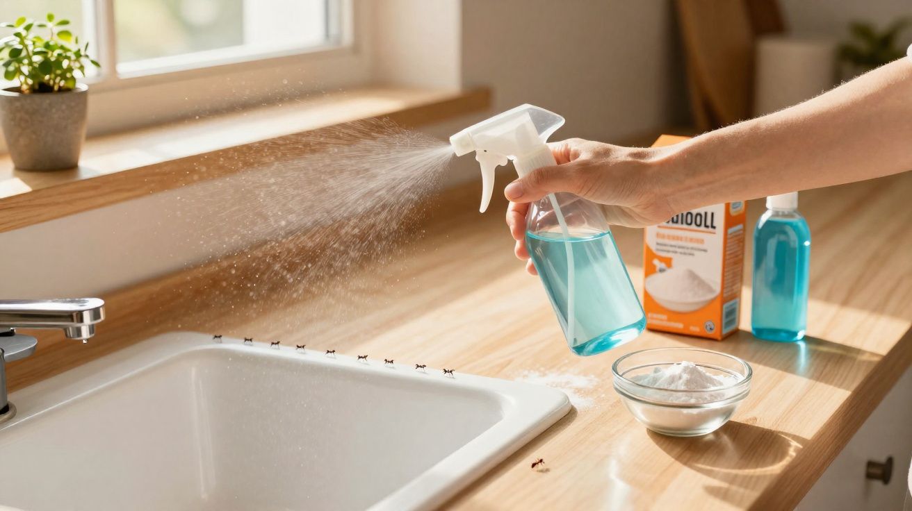 Pessoa a borrifar inseticida azul numa bancada de cozinha com formigas junto a pia branca e tábua de madeira.
