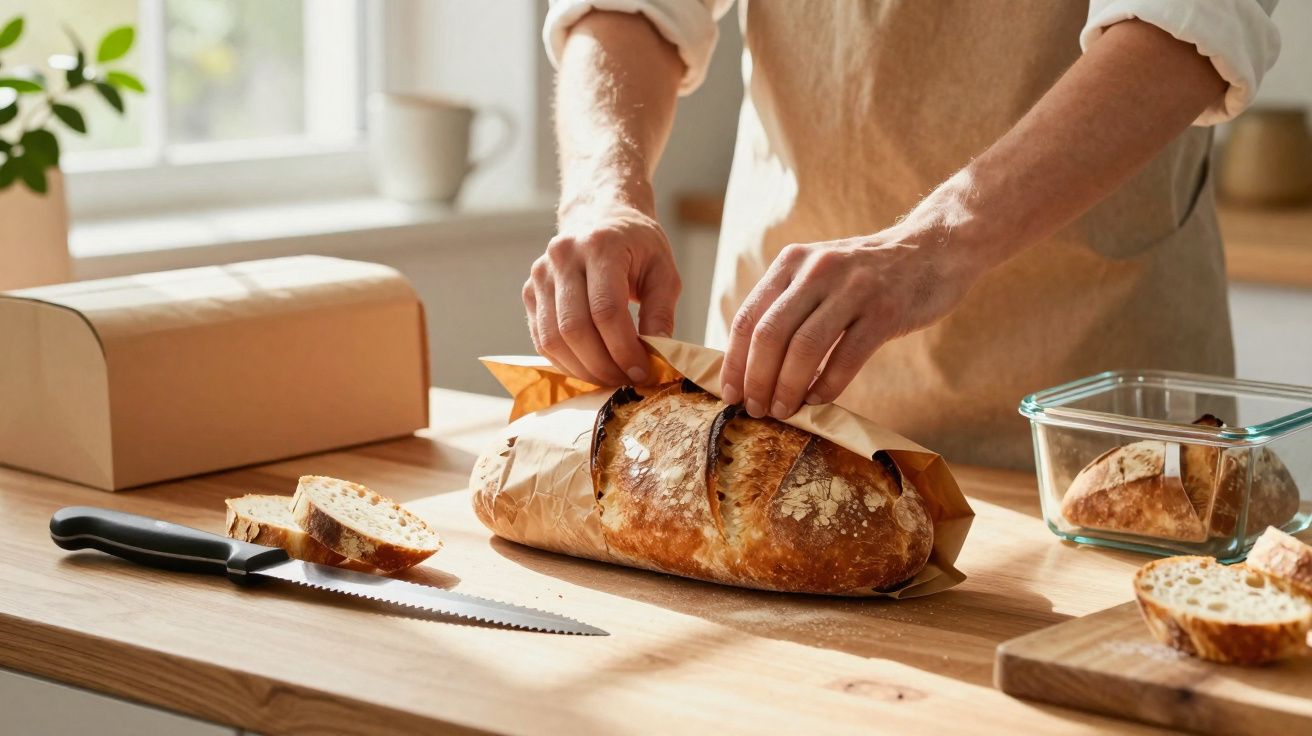 Pessoa a embrulhar pão rústico numa cozinha luminosa, com faca serrada e fatias de pão sobre a mesa.