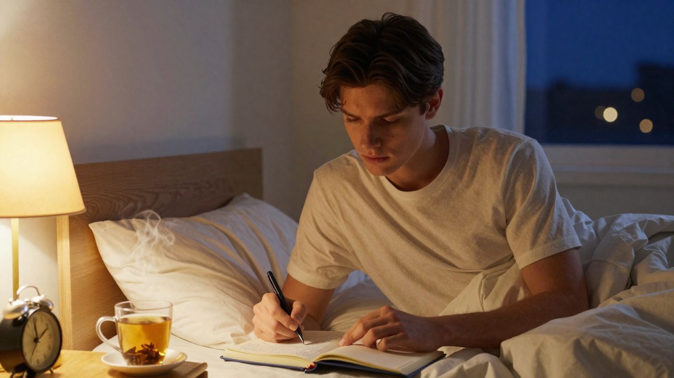 Jovem deitado na cama a escrever num caderno à luz suave de uma lâmpada ao lado da cama.