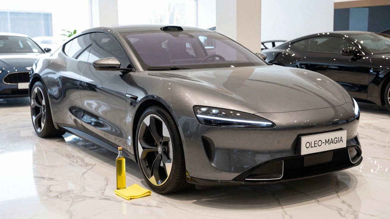 Carro elétrico cinzento escuro numa garagem com óleo e pano amarelo ao lado no chão brilhante.