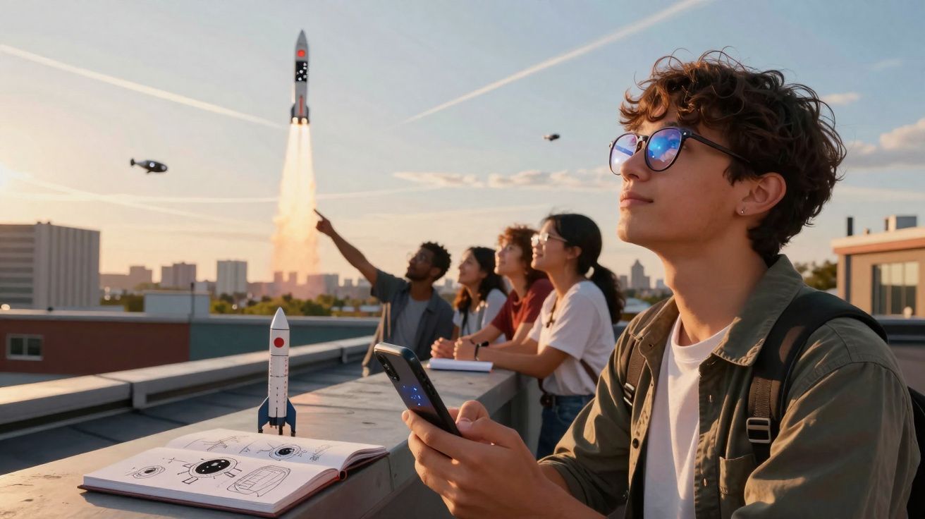 Jovens observam lançamento de foguetão ao pôr do sol numa cobertura, com maquete e caderno de desenhos.