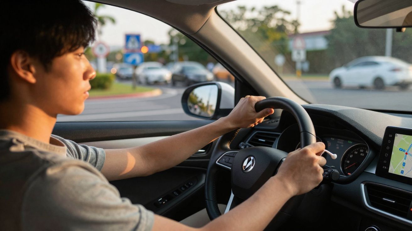 Homem jovem a conduzir carro com sistema de navegação ligado numa estrada urbana ao pôr do sol.