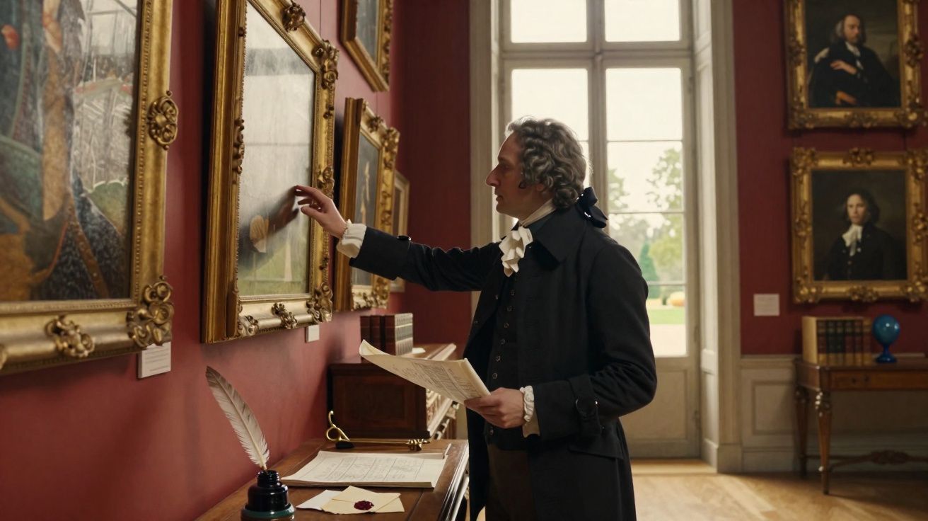 Homem vestido à moda antiga a observar e tocar quadros numa galeria de arte histórica.
