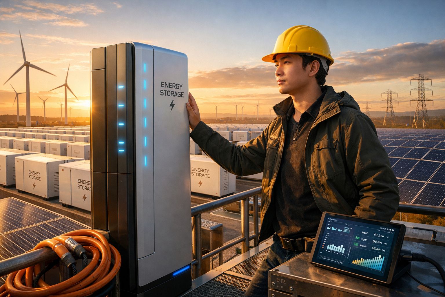 Técnico com capacete amarelo junto a equipamento de armazenamento de energia em central solar e eólica ao pôr do sol.