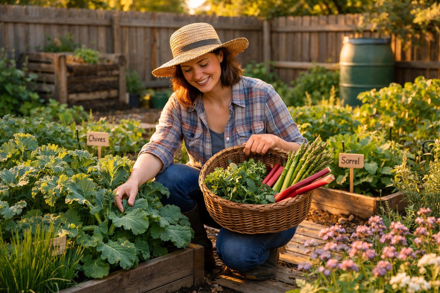 Mulher de chapéu colhe legumes num jardim hortícola com cesta cheia de vegetais.