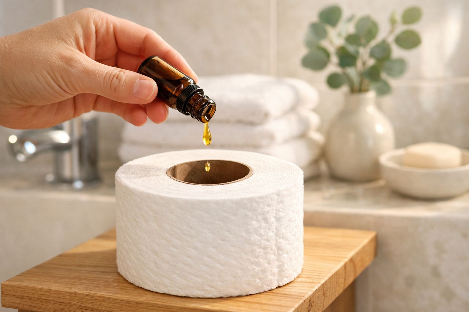 Mão a pingar óleo essencial num rolo de papel higiénico num ambiente de casa de banho decorado.