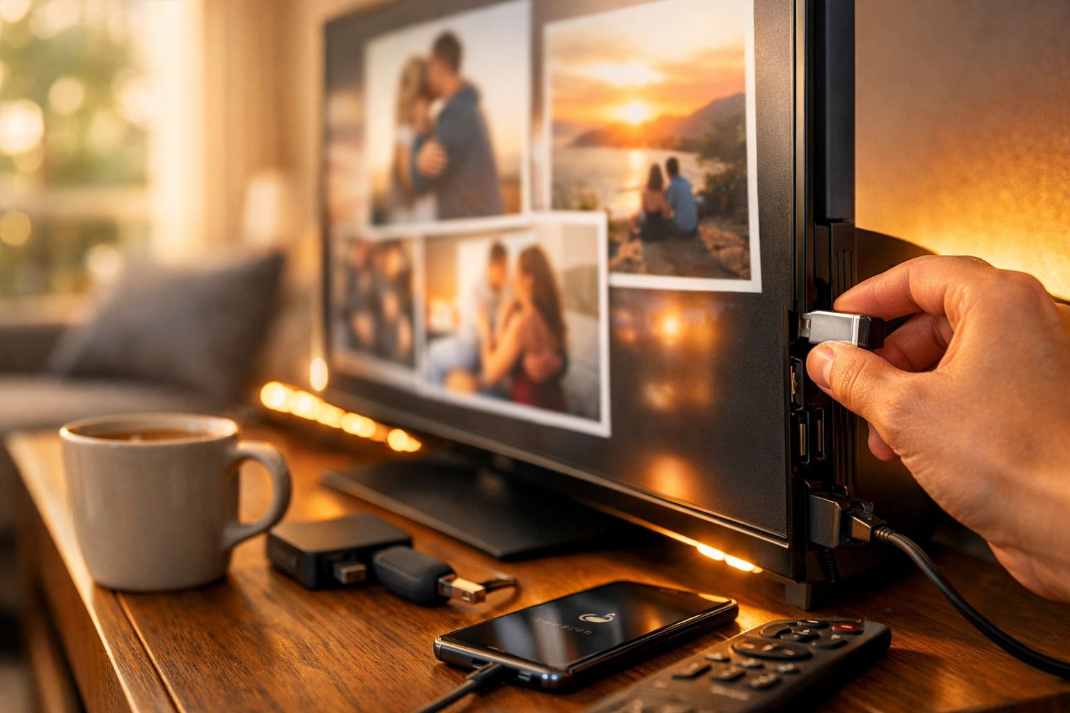 Pessoa a ligar pen USB na televisão com fotos românticas numa sala com ambiente acolhedor.