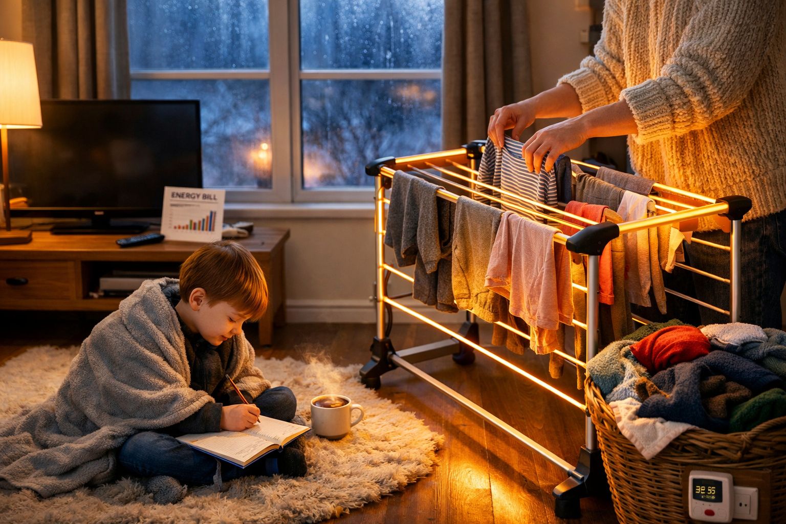 Criança sentada no chão escrevendo, enquanto adulto pendura roupa num estendal interior aquecido à noite.