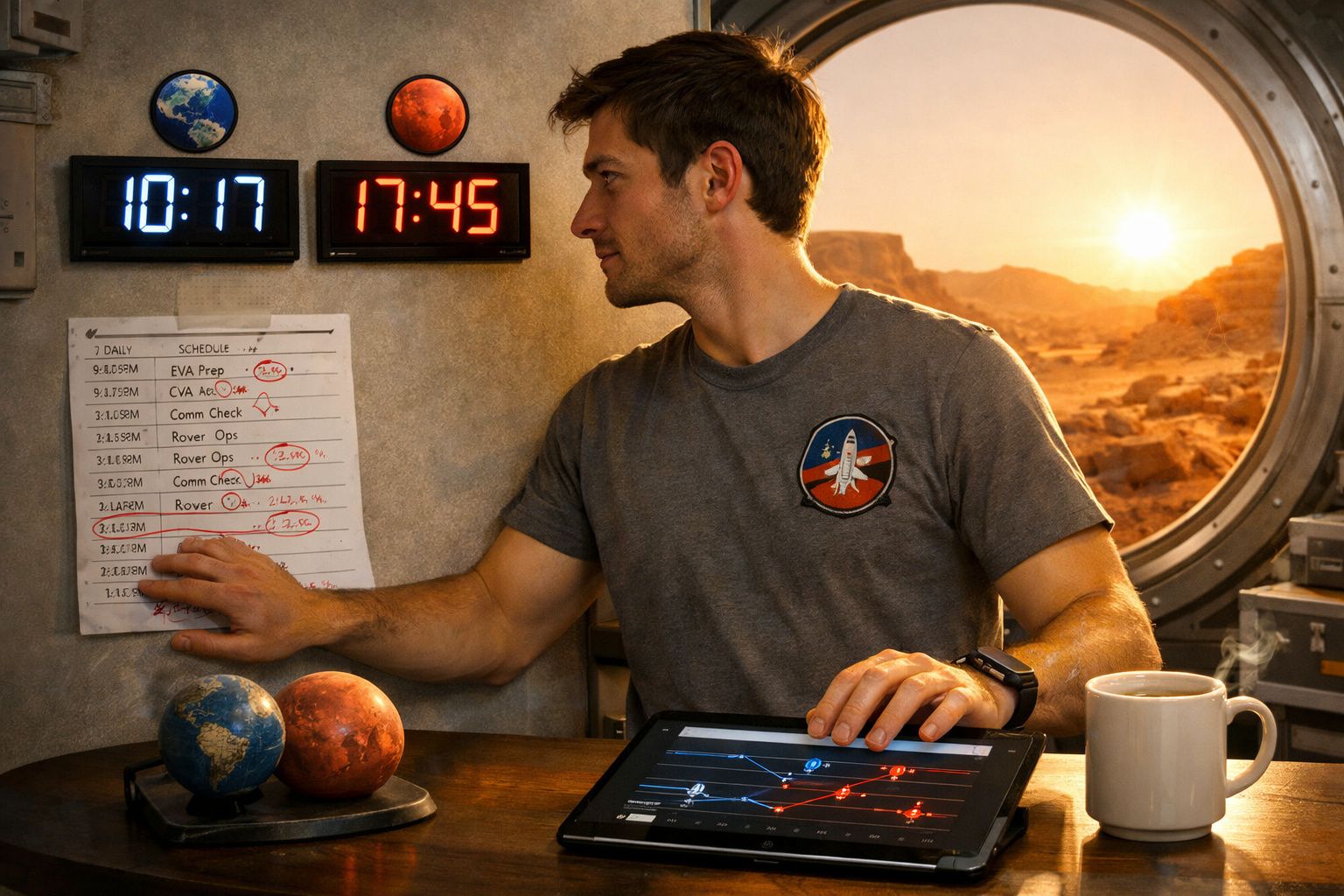 Homem em t-shirt com símbolo espacial consulta horário e painel digital numa base marciana com paisagem ao fundo.