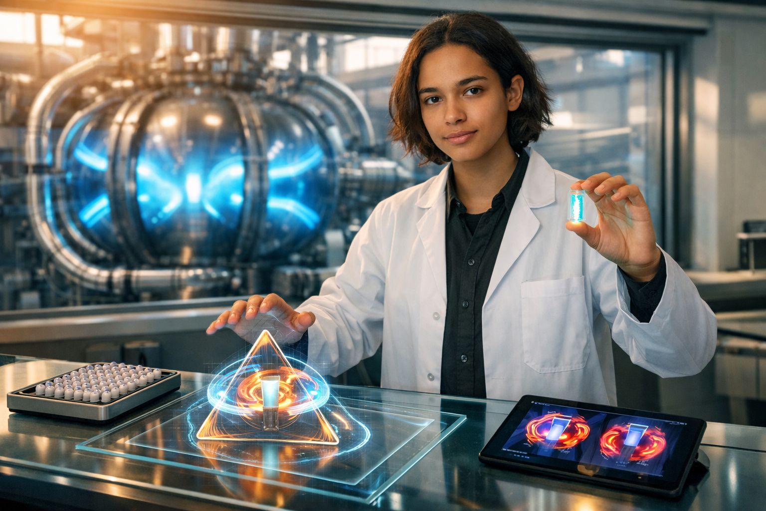 Cientista numa sala de laboratório futurista, manipulando hologramas e segurando um frasco pequeno com líquido azul.