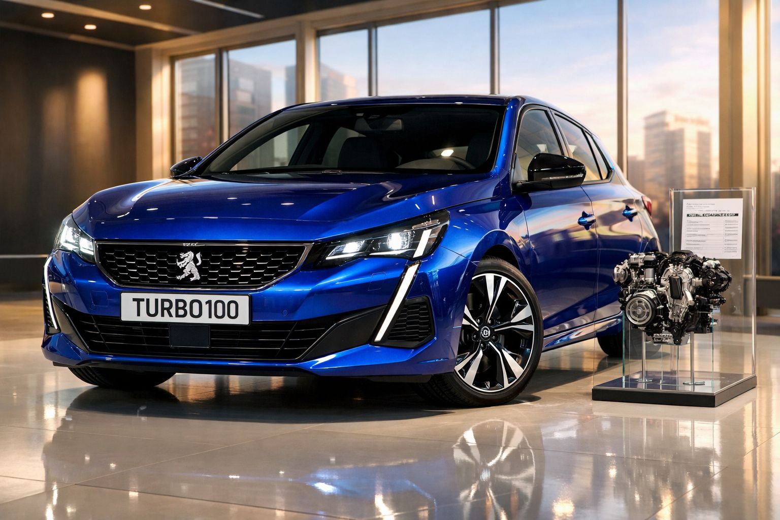 Carro azul brilhante Peugeot Turbo100 exposto num espaço interior moderno com motor ao lado.