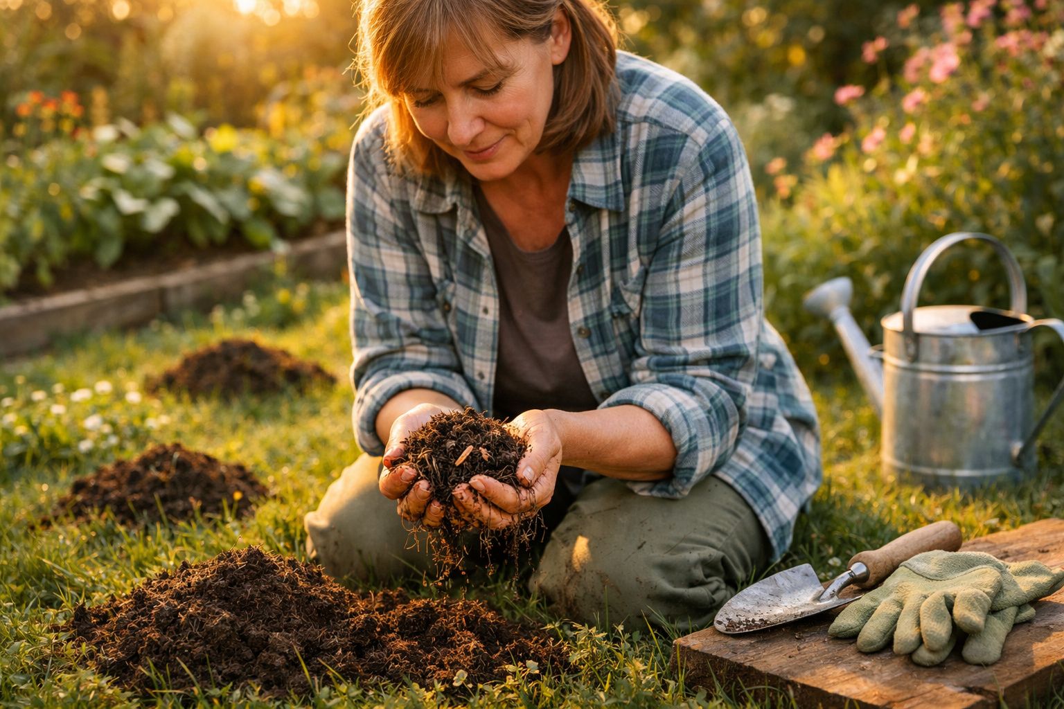 Mulher a segurar terra com minhocas num jardim, rodeada de ferramentas de jardinagem ao entardecer.