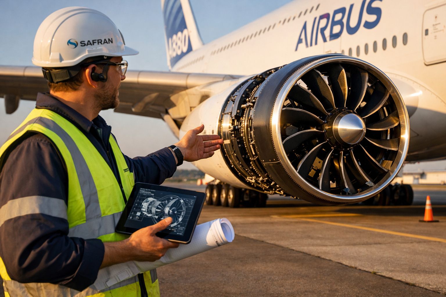 Técnico de aviação com capacete Safran verifica motor de avião Airbus A380 na pista ao pôr do sol.