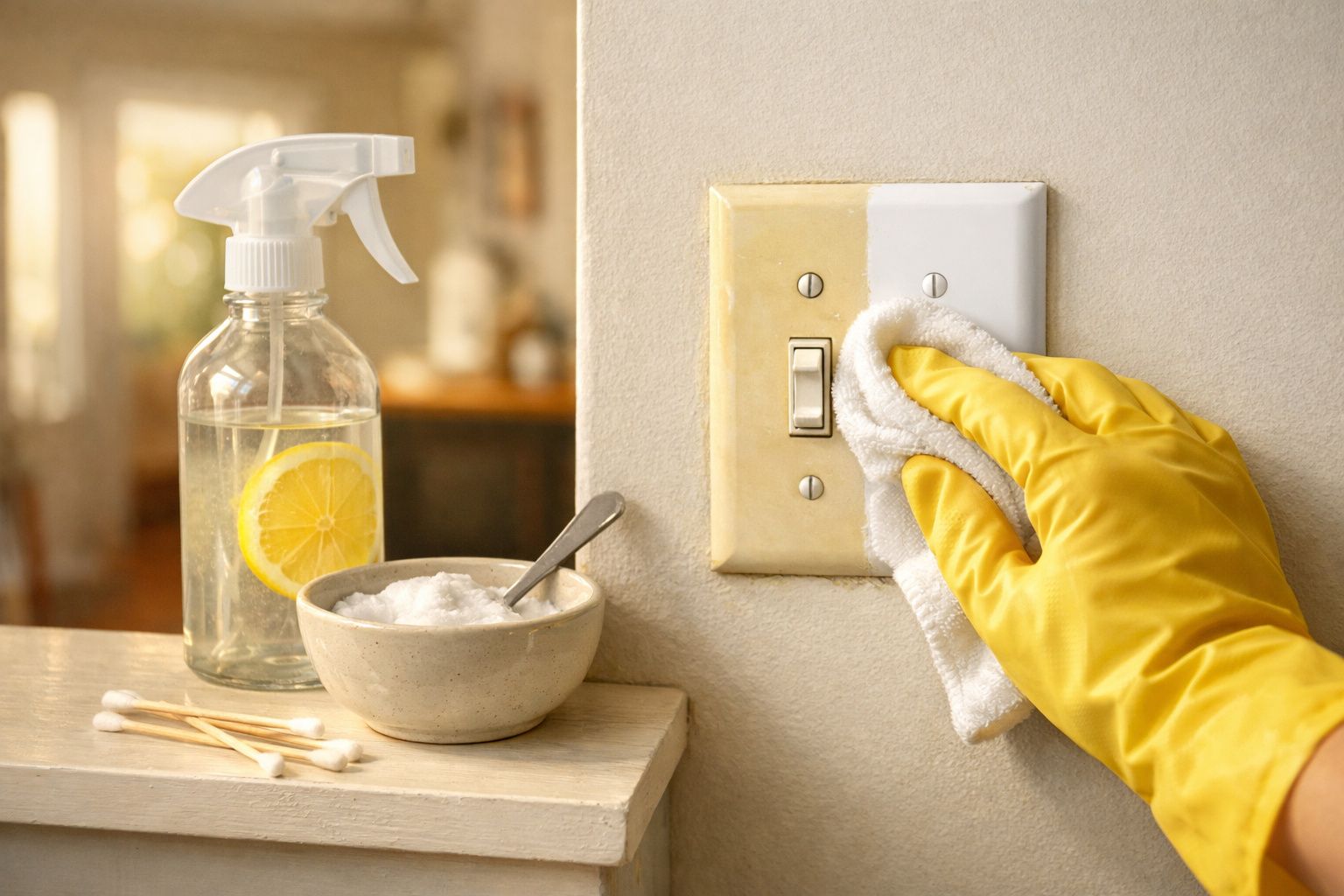 Mão com luva amarela a limpar interruptor com pano branco, spray com limão e bicarbonato numa tigela.
