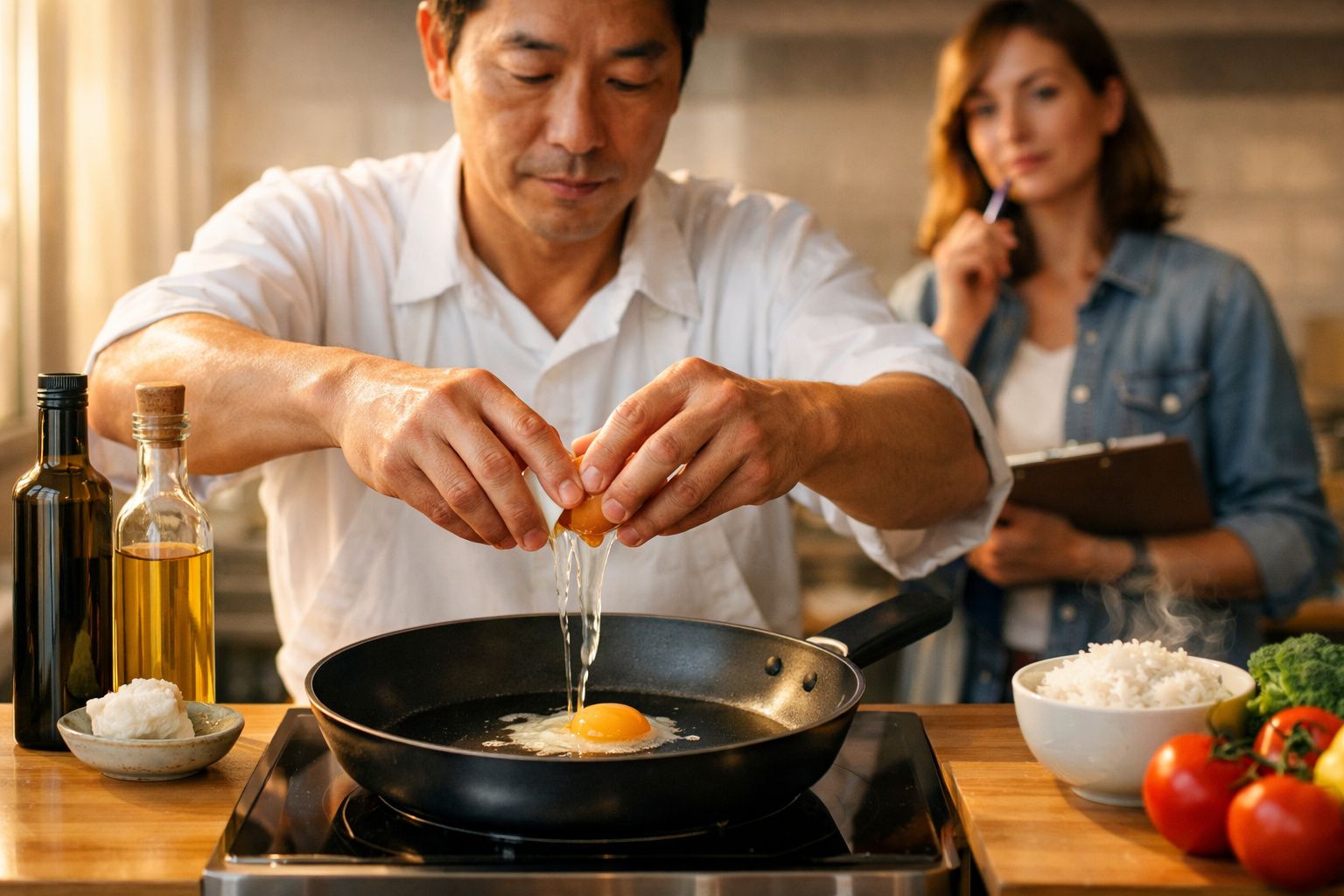 Homem a partir um ovo numa frigideira enquanto mulher observa com bloco de notas.