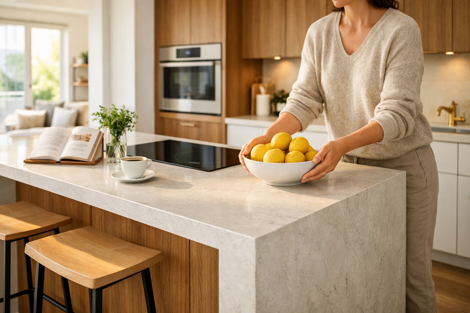 Pessoa a colocar uma tigela com limões num balcão de cozinha moderna e luminosa.