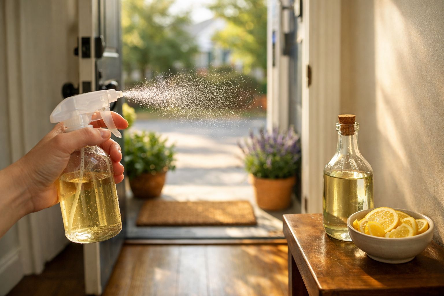 Mão a pulverizar spray de limpeza com aroma cítrico junto à porta aberta com luz natural e plantas ao fundo.