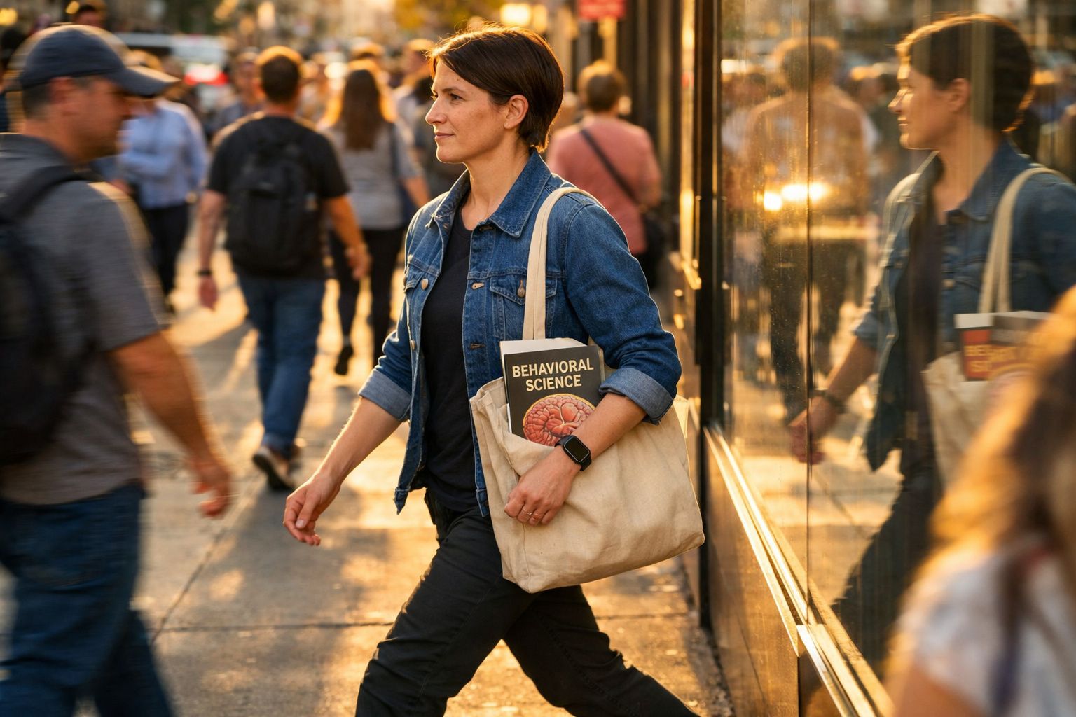Mulher a andar na rua com casaco azul e livro "Behavioral Science" na mala em tecido bege.