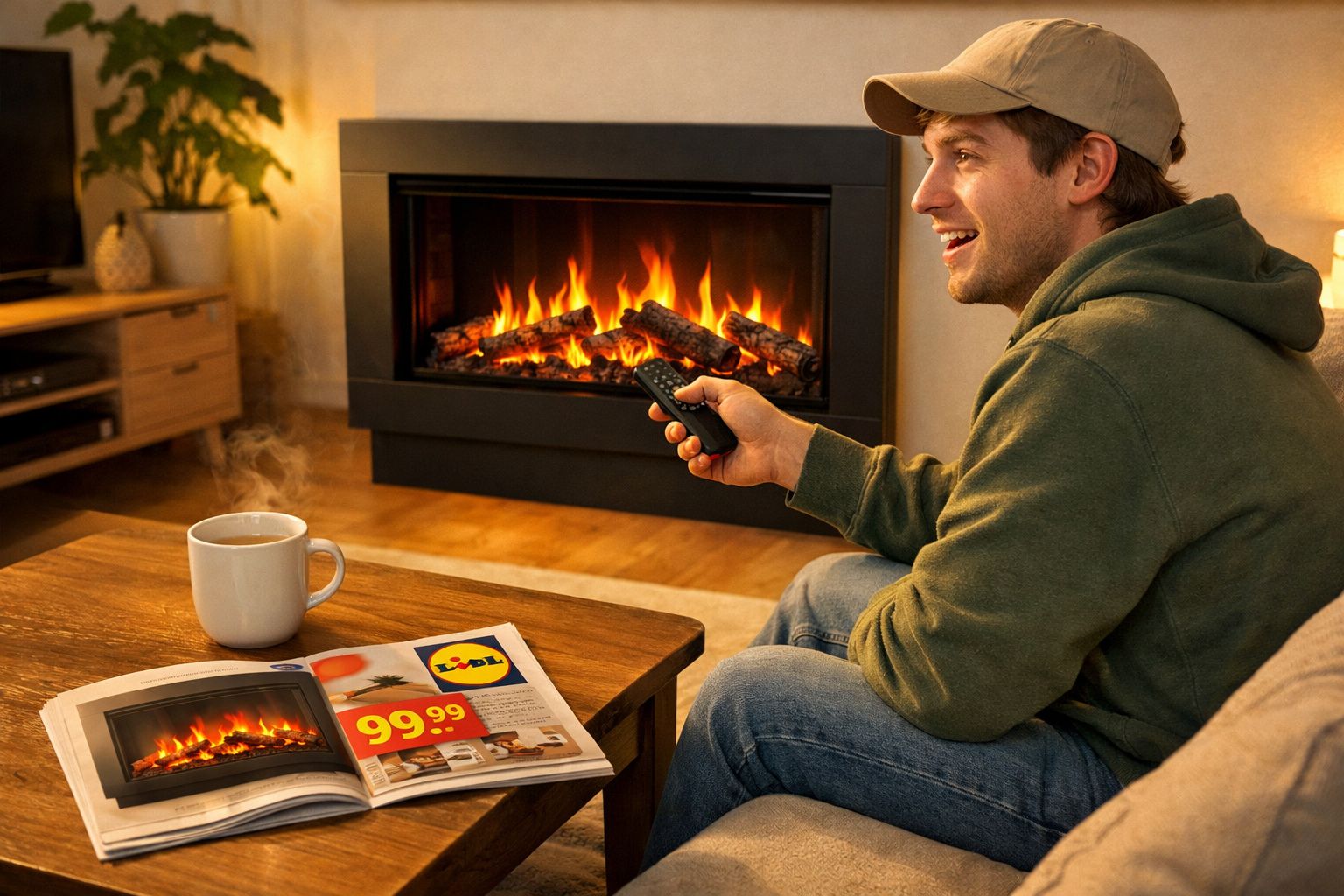 Homem sentado a sorrir junto à lareira, segurando controlo remoto, com chá e catálogo numa mesa de madeira.