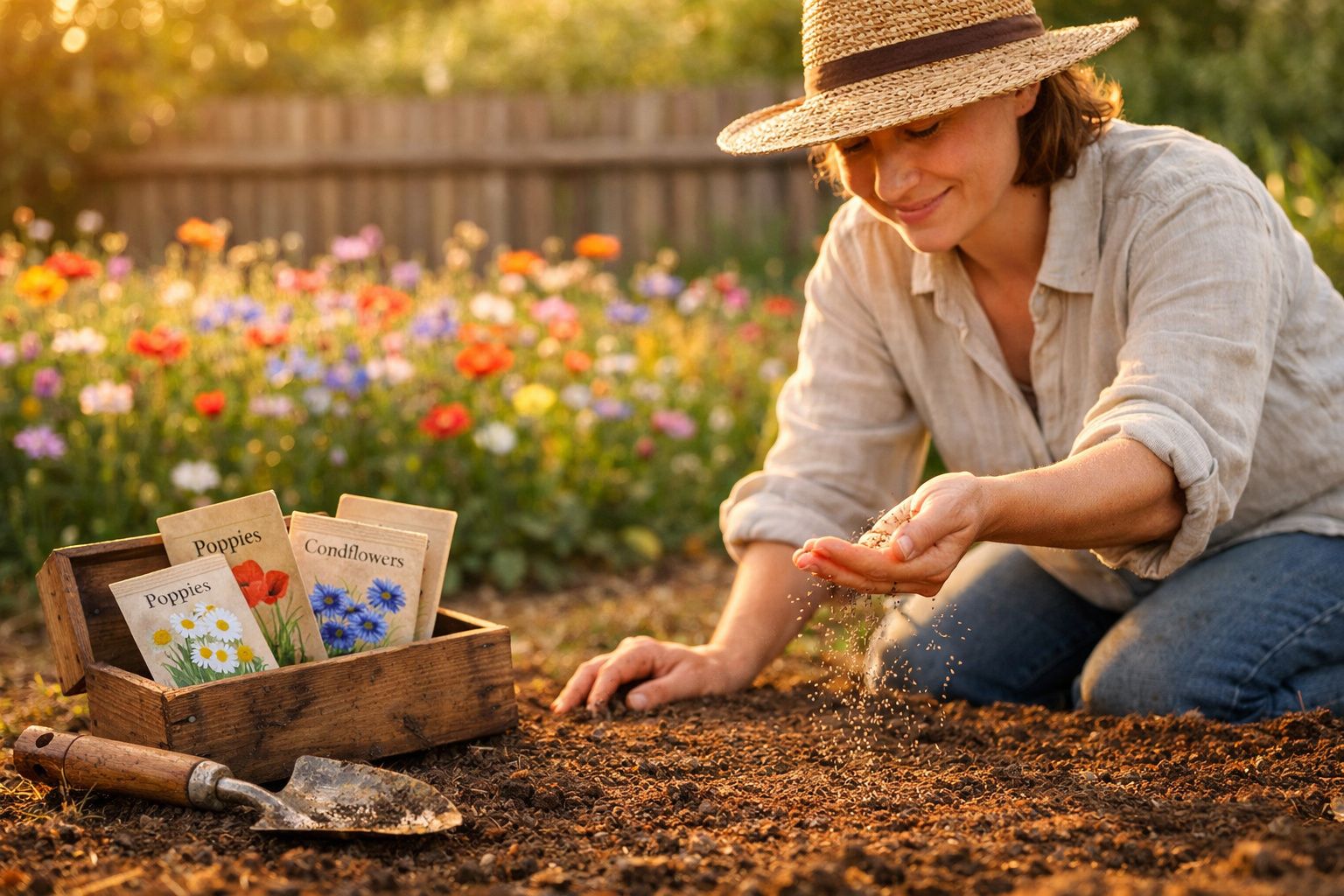 Mulher com chapéu a semear no solo junto a pacotes de sementes e flores coloridas ao fundo.