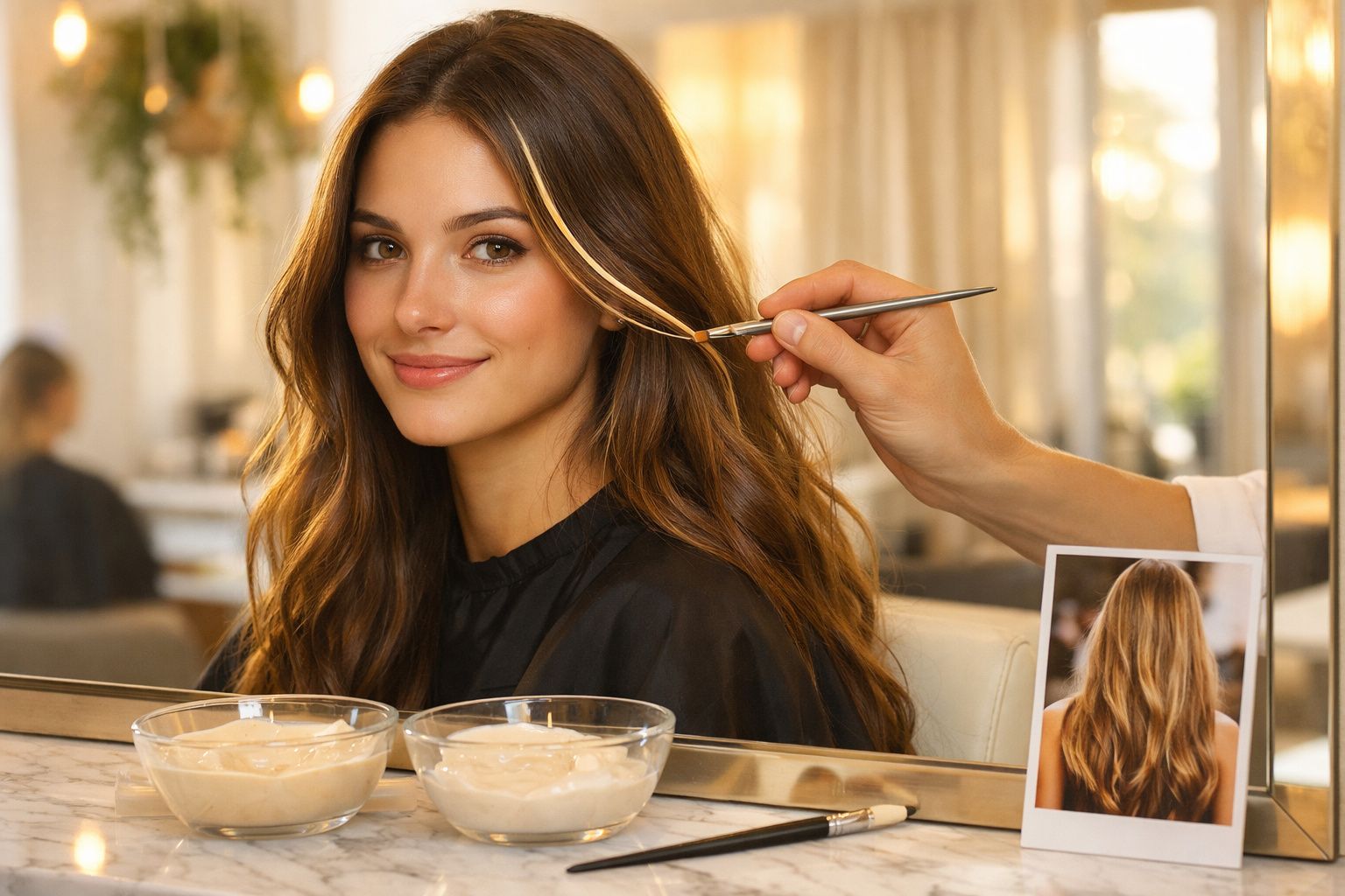 Mulher sorridente a receber coloração de cabelo loiro num salão de beleza moderno.