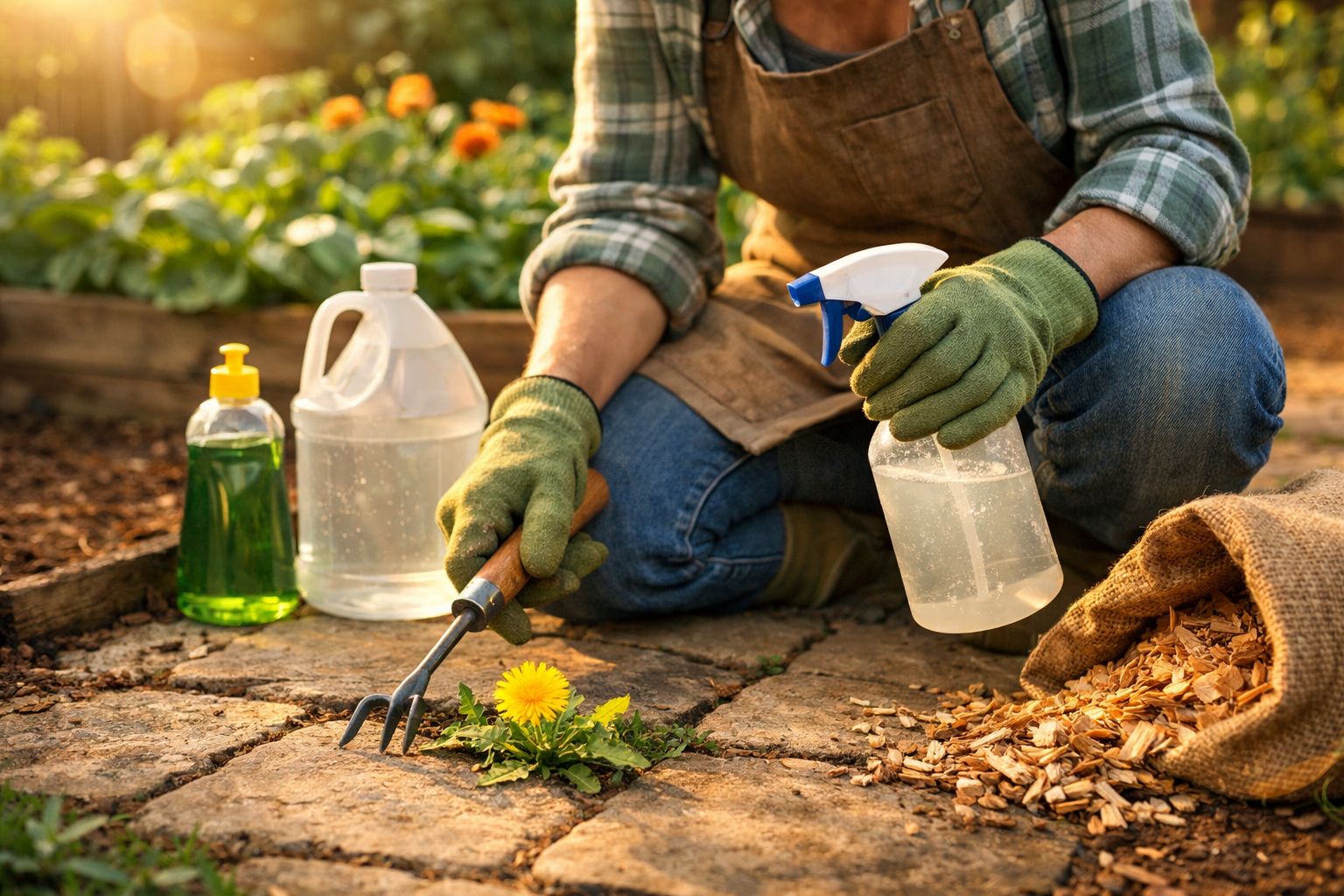 Pessoa de luvas e avental a arrancar erva daninha com garfo de mão e pulverizador num jardim ensolarado.