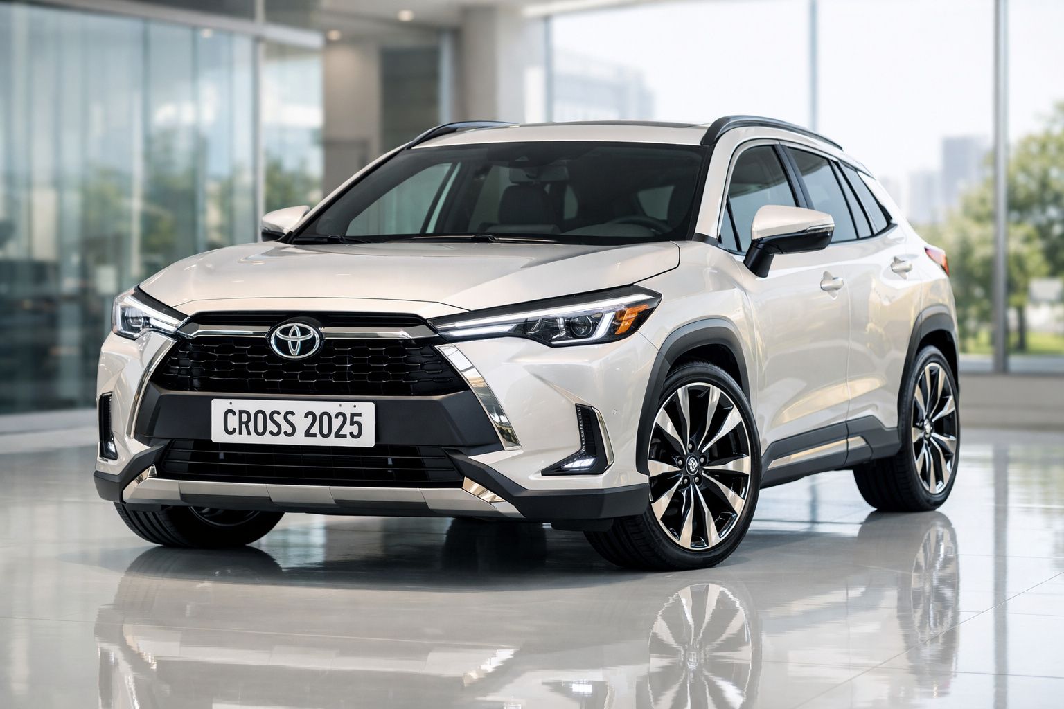 Toyota Cross 2025 branco em exposição, com design moderno e faróis LED dianteiros.