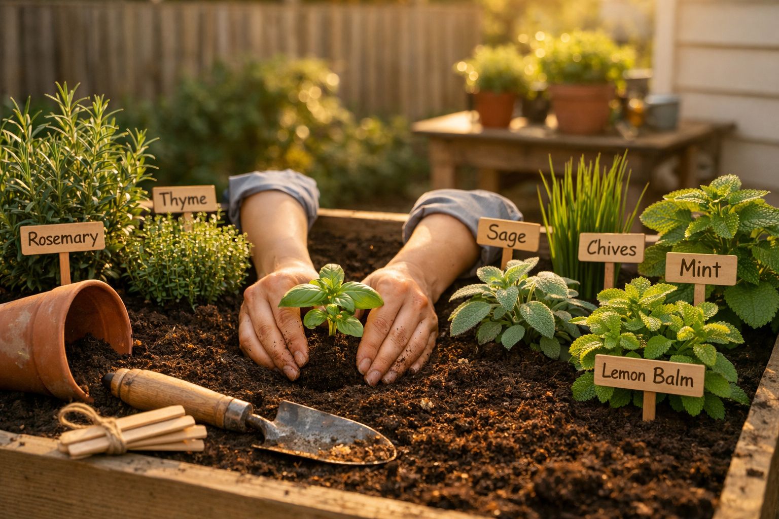 Mãos a plantar ervas aromáticas num canteiro com rótulos de alecrim, tomilho, sálvia, cebolinho, hortelã e melissa.