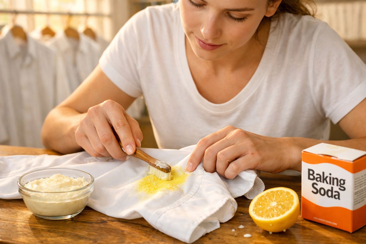 Mulher a limpar nó amarelo numa camisa branca com bicarbonato de sódio e escova pequena.