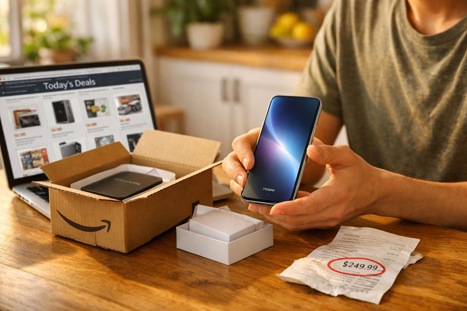 Pessoa segurando telemóvel novo ao lado de caixa da Amazon e recibo com preço destacado numa mesa de madeira.