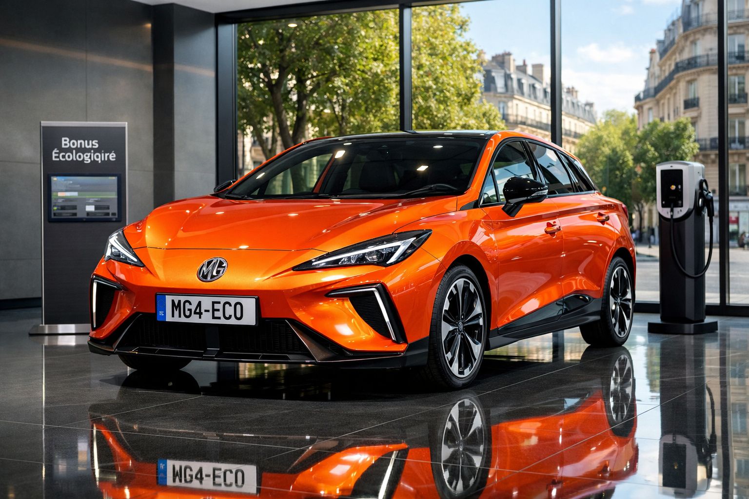 Carro elétrico desportivo laranja estacionado em showroom com estação de carregamento e placa "Bonus Écologique".