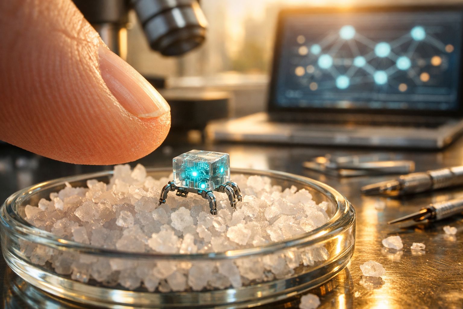 Micro robô futurista em forma de cubo transparente com luz azul numa placa de Petri com cristais brancos.