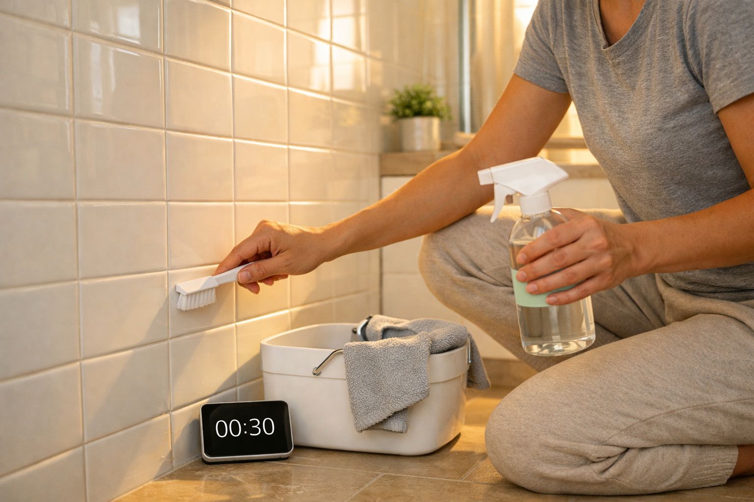 Pessoa a limpar azulejos brancos com escova e spray de limpeza num ambiente interior.