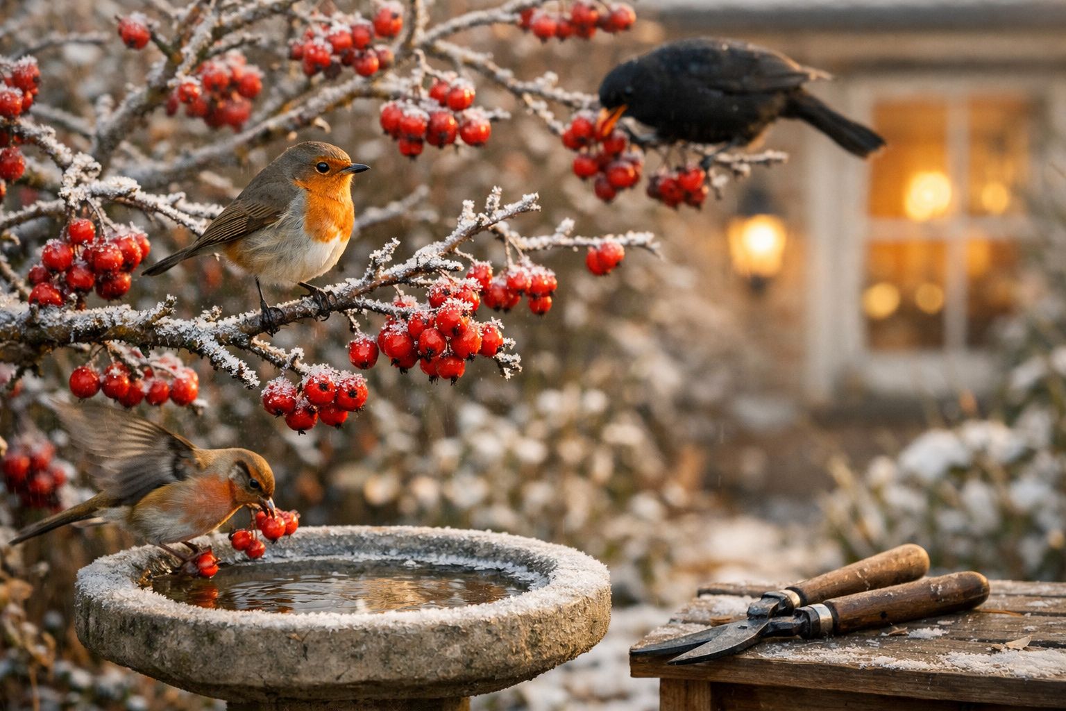 Pássaros em arbusto com bagas vermelhas geladas perto de uma fonte de pedra e uma janela iluminada ao fundo.
