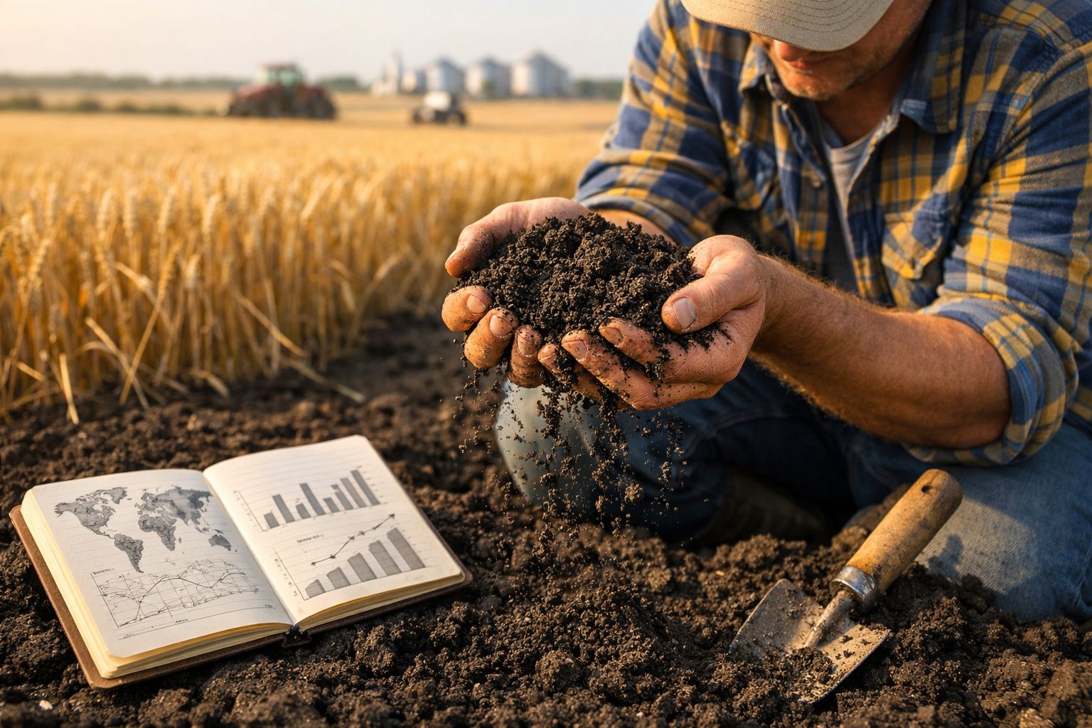 Agricultor a analisar terra da plantação com um caderno aberto ao lado mostrando gráficos agrícolas.