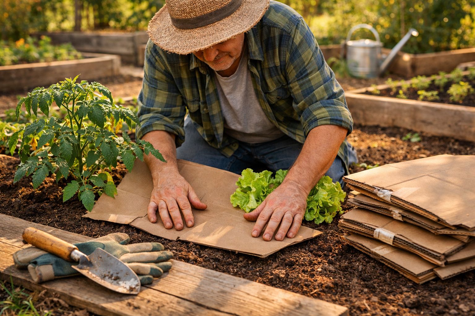 Homem a fazer cobertura de plantas com folhas de papelão numa horta ensolarada.