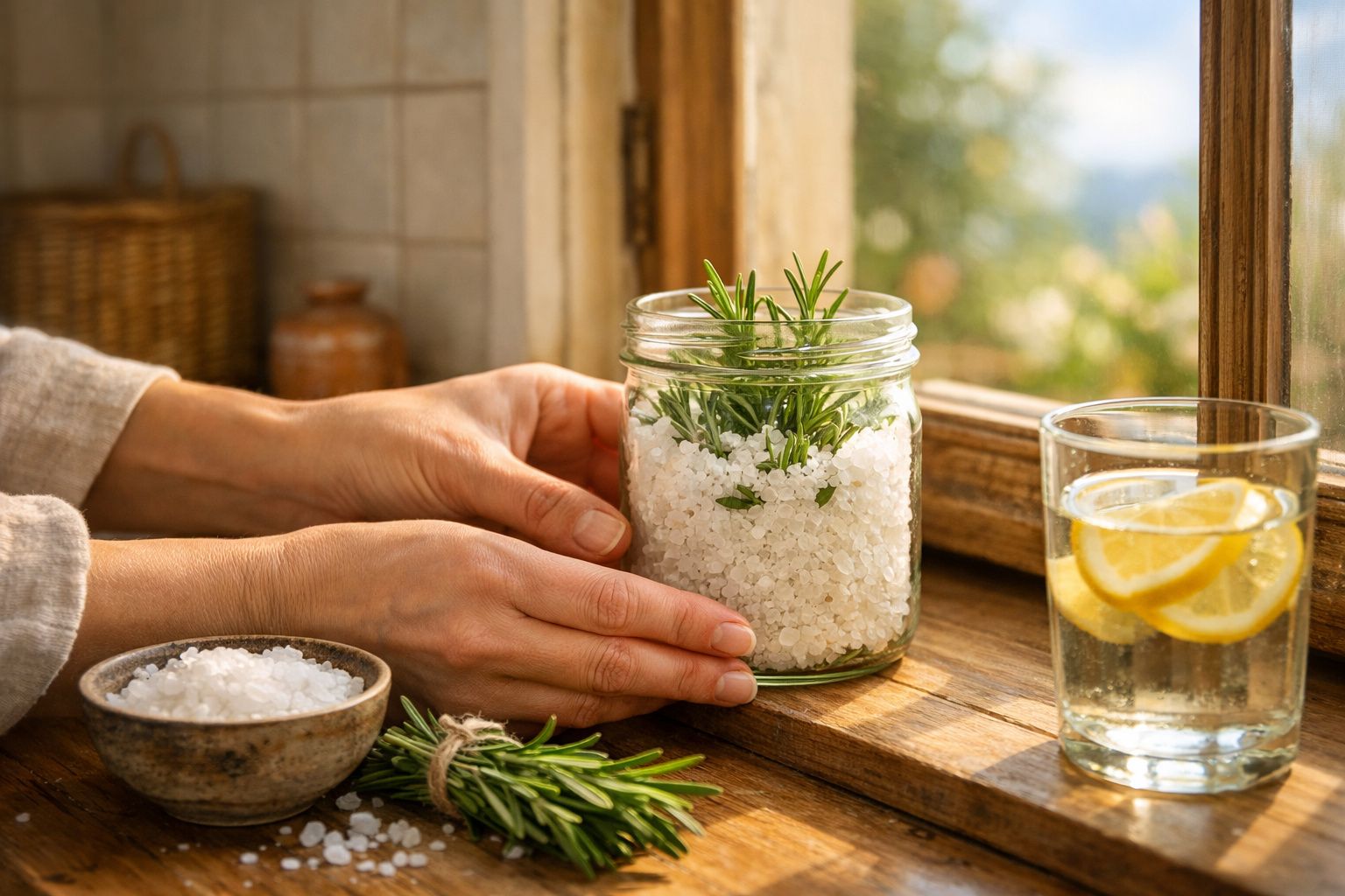 Mãos seguram frasco com sal grosso e alecrim junto a tábua com alecrim, tigela de sal e copo com água e limão.