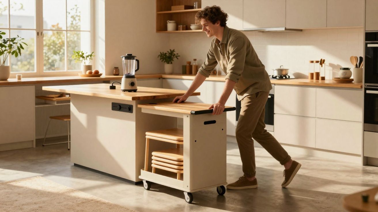 Homem a mover um carrinho de cozinha com cadeiras, numa cozinha moderna e luminosa.